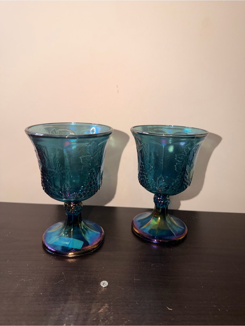 Indiana Carnival Glass Iridescent Teal Glass Goblets - Set of 2
